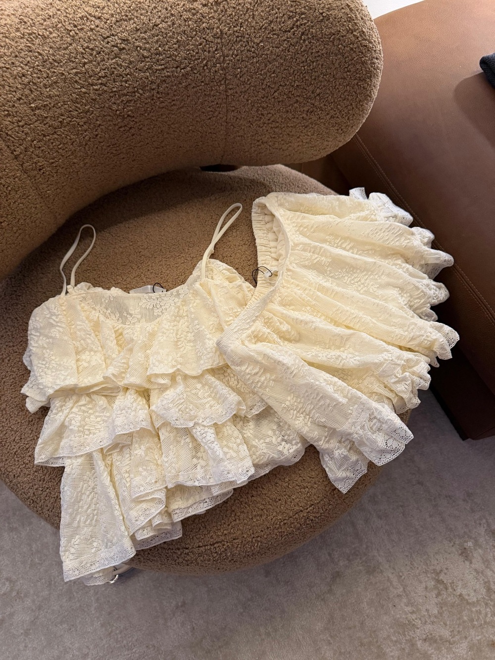 Zara Cream Lace Ruffle Crop Top and Mini Skirt Set